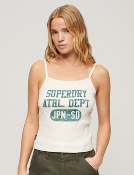 Superdry Damen Geripptes Athletic College Trägertop mit Grafik Creme - Größe: 10-12