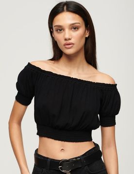 Superdry Damen Schwarz Gesmoktes Kurztop mit Kurzen Ärmeln, Größe: 42 - Größe: 42