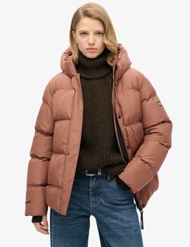 Superdry Damen Mittellange Sport-steppjacke mit Kapuze Braun - Größe: 40