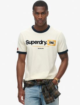 Superdry Herren Core Ringer Workwear T-shirt mit Grafik und Logo Creme - Größe: L