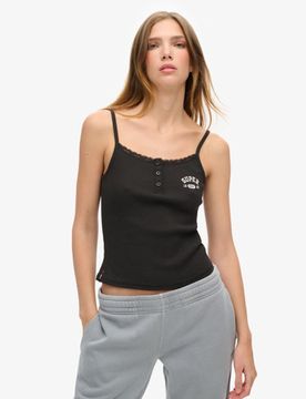 Superdry Damen Athletic Essentials Trägertop mit Grafik und Knöpfen Schwarz - Größe: 38-40