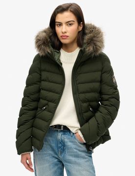 Superdry Damen Fuji Steppjacke mit Kapuze aus Kunstfell Grün - Größe: 44