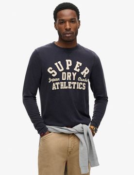 Superdry Herren Marineblau und Creme Langärmeliges Athletic Oberteil mit Logo-Druck, Größe: XXL