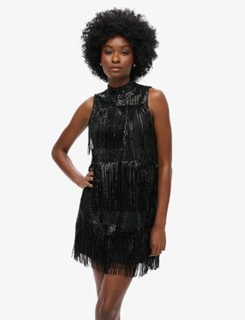 Superdry Damen Minikleid mit Fransen und Pailletten in A-linie Schwarz - Größe: 40
