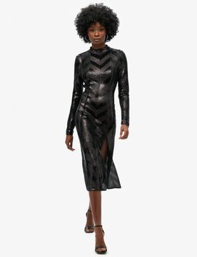Superdry Damen Rückenfreies Chevron-midikleid Schwarz - Größe: 36