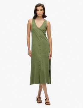 Superdry Damen Kaki Beach Jersey-Trägerkleid in Midilänge, Größe: 36