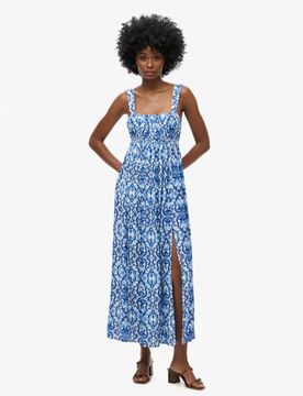 Superdry Damen Maxikleid mit Nackenhalter zum Binden Blau - Größe: 44