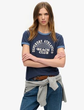 Superdry Damen Athletic Essentials Beach Graphic Ringer T-shirt Marineblau - Größe: 42