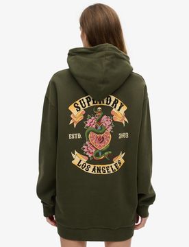 Superdry Damen Tattoo Kapuzenkleid mit Strassbesatz Kaki - Größe: 34-36