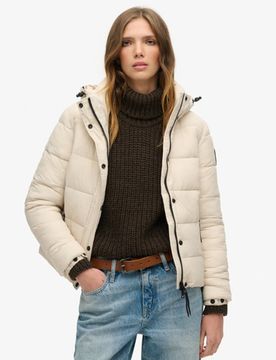 Superdry Damen Kurze Pufferjacke mit Kapuze und Kunstfellbesatz Beige - Größe: 44