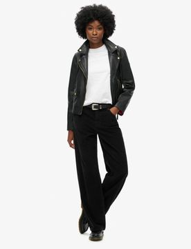 Superdry Damen Cordhose mit Mittlerer Leibhöhe und Weitem Beinschnitt Schwarz - Größe: 26/30