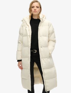 Superdry Damen Lang Geschnittener Steppmantel mit Kapuze Weiß - Größe: 44