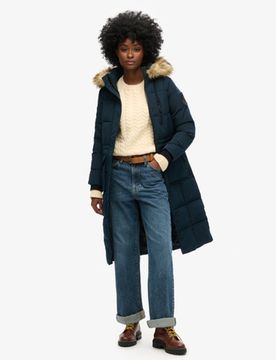 Superdry Damen Langer Everest Mantel mit Kunstfellbesatz Marineblau - Größe: 36