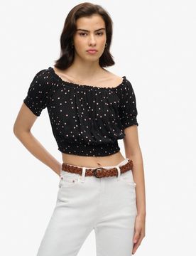 Superdry Damen Gesmoktes Kurztop mit Kurzen Ärmeln Schwarz - Größe: 42