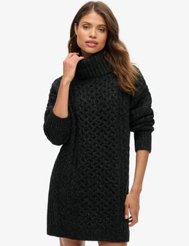 Superdry Damen Strickkleid mit Rollkragen und Zopfmuster Schwarz - Größe: 36