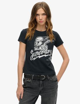 Superdry Damen Figurbetontes T-shirt mit Verziertem Poster-print Schwarz/weiß - Größe: 42