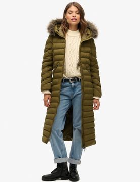 Superdry Damen Lange Fuji Jacke mit Kapuze mit Kunstfellbesatz Grün - Größe: 44