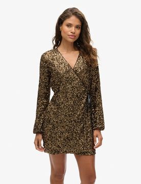 Superdry Damen Gold Pailletten-Minikleid in Wickeloptik, Größe: 38