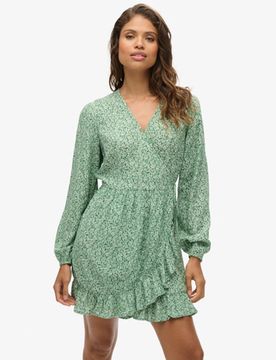 Superdry Damen Grün Bedrucktes, Langärmeliges Wickel-Minikleid Blümchenprint, Größe: 38