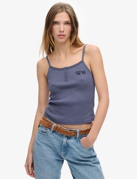 Superdry Damen Athletic Essentials Trägertop mit Grafik und Knöpfen Marineblau - Größe: 38-40