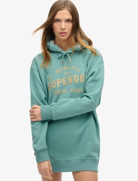 Superdry Damen Grün Luxe Kapuzenkleid mit Logo in Metallic-Optik, Größe: 38-40