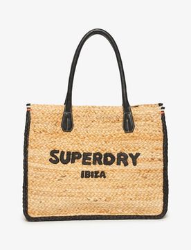 Superdry Damen Beige und Schwarz Luxe Tragetasche aus Bast Logo Druck, Größe: Einheitsgröße