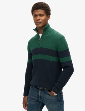 Superdry Herren Marineblau und Grün Klassischer Gestreifter Henley-Pullover aus Baumwolle, Größe: XL