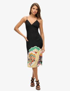 Superdry Damen Bedrucktes Midi-trägerkleid Schwarz - Größe: 38