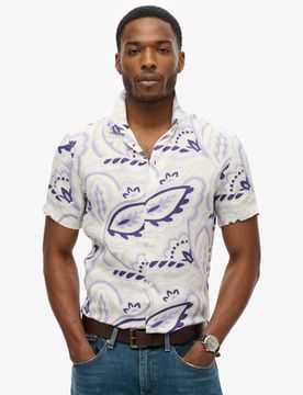Superdry Herren Leinenhemd mit Offenem Kragen und Print Grau - Größe: Xxl
