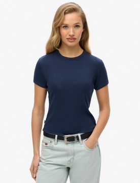 Superdry Damen Geripptes Athletic Essentials T-shirt mit Logo Marineblau - Größe: 42