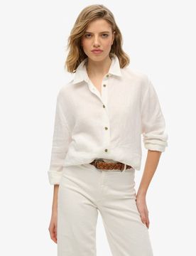 Superdry Damen Lässiges Hemd aus Leinen im Boyfriend-stil Weiß - Größe: 40