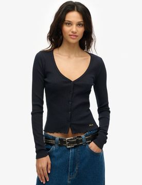 Superdry Damen Essential Langarmoberteil mit Knopfleiste Marineblau - Größe: 40