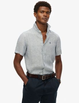 Superdry Herren Leinenhemd mit Stickerei Blau - Größe: M