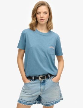 Superdry Damen Essential Logo T-shirt mit Stückgefärbter Tasche Blue - Größe: 34