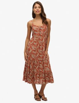 Superdry Damen Gestuftes Midikleid mit Halblanger Knopfleiste Brown - Größe: 38