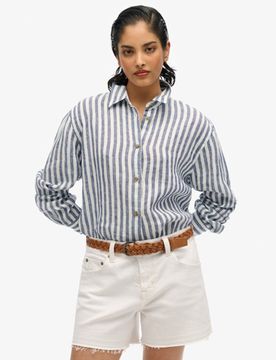 Superdry Damen Lässiges Hemd aus Leinen im Boyfriend-stil Blau - Größe: 40