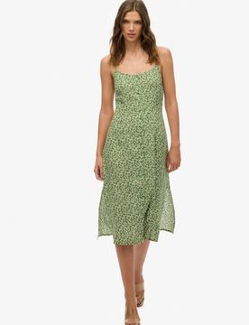 Superdry Damen Bedrucktes Midi-trägerkleid mit Knopfleiste Green - Größe: 38
