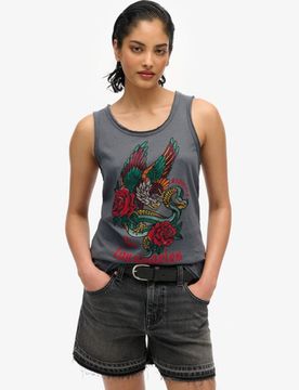 Superdry Damen Neo Trad Tattoo Tanktop mit Rundhalsausschnitt Schwarz - Größe: 38