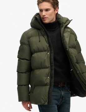 Superdry Herren Mittellange Sport-steppjacke mit Kapuze Khaki - Größe: M