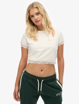 Superdry Damen Weiß T-Shirt mit Spitzenbesatz im Stil der 90er Logostick, Größe: 36