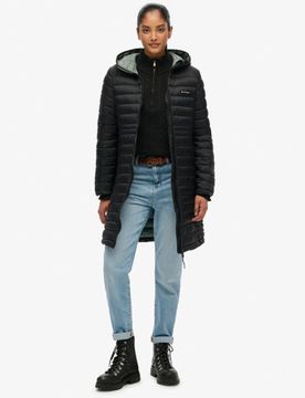 Superdry Damen Gesteppt Fuji Lite Mittellange Kapuzenjacke, Schwarz - Größe: 44