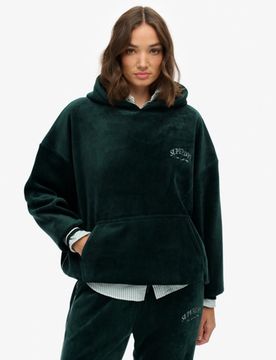 Superdry Damen Gesticktes Logo Country Club Velour Relaxed Kapuzenpullover, Dunkelgrün - Größe: 44