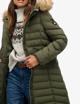 Superdry Damen Fuji Fellimitat Kapuze Langjacke Green - Größe: 36