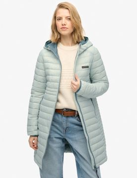 Superdry Damen Logo Abzeichen Fuji Lite Mittellange Steppjacke Mit Kapuze, Hellgrau & Schwarz - Größe: 40