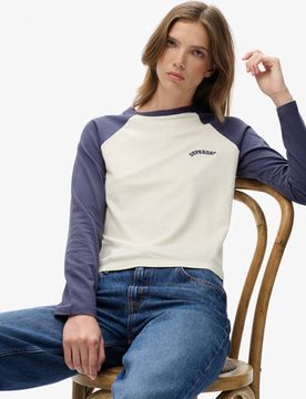 Superdry Damen Essential Baseballoberteil mit Langen Ärmeln und Logo Navy - Größe: 44