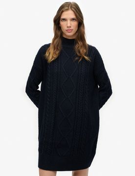 Superdry Damen Slouchy Strickkleid mit Zopfmuster Navy - Größe: 36