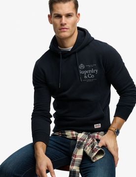 Superdry Herren Baumwolle Logo Druck 1954 Company Kapuzenpullover in Lockerer Passform, Marineblau & Grau - Größe: S