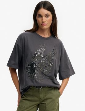Superdry Damen Tattoo Verziertes OverGrößed T-shirt Dark Grey - Größe: 40