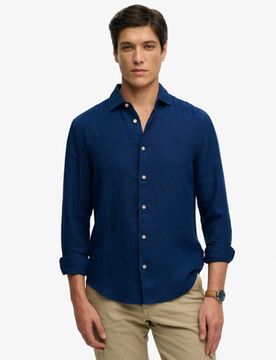 Superdry Herren Riviera Leinenhemd mit Langen Ärmeln Blue - Größe: S