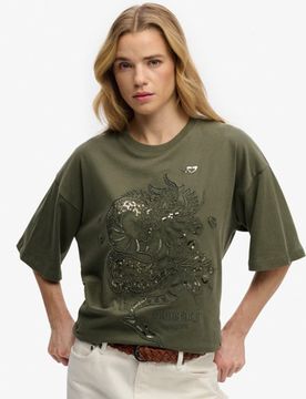 Superdry Damen Tattoo Verziertes OverGrößed T-shirt Green - Größe: 44